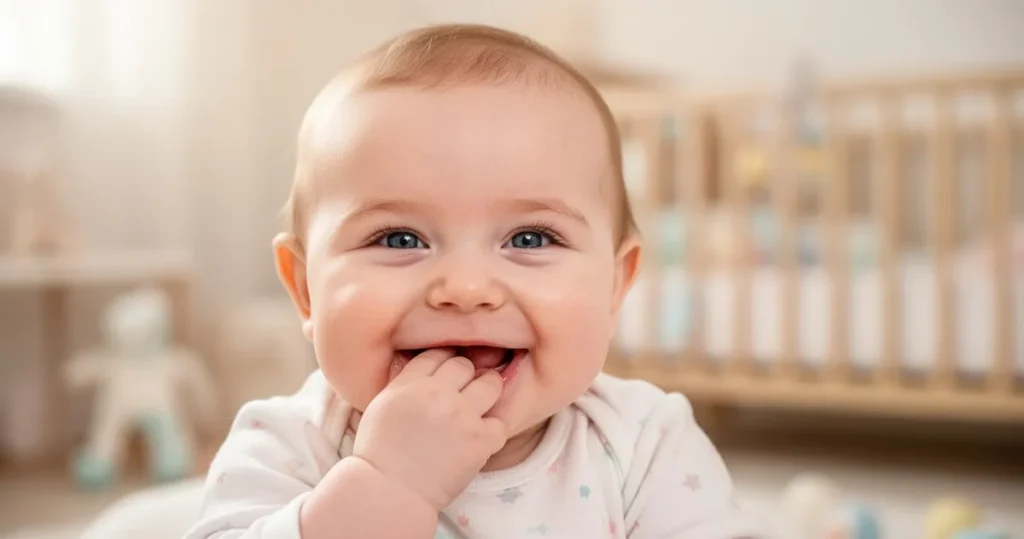 Uśmiechnięte niemowlę z rączką przy buzi podczas ząbkowania, miękkie naturalne światło, pastelowe tło pokoju dziecięcego