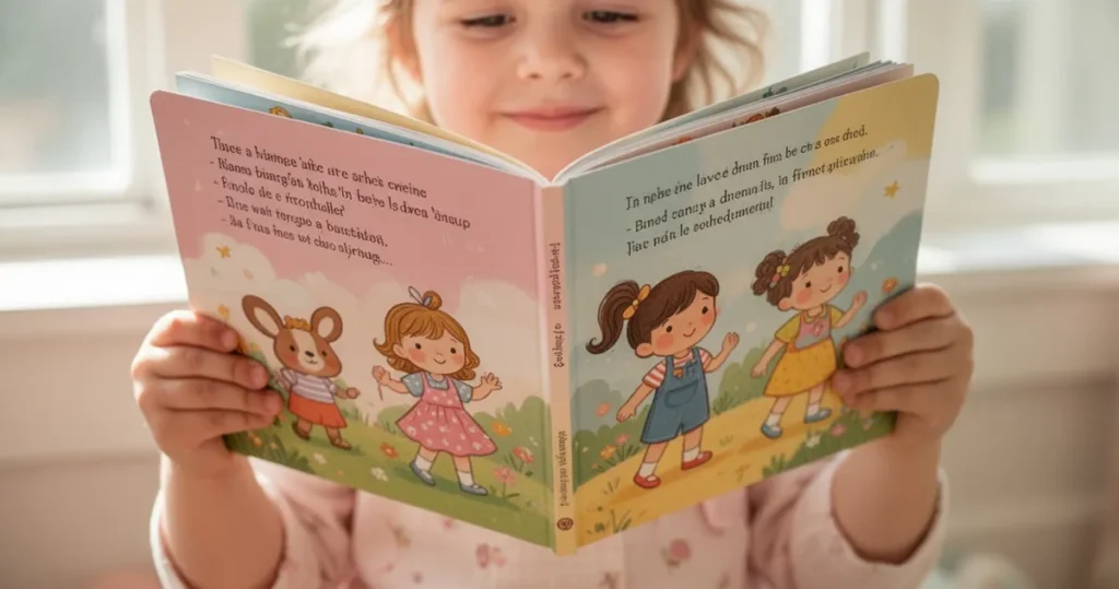 Dłonie małego dziecka trzymające otwartą, kolorową książkę z ilustracjami, w ciepłym, naturalnym świetle okna
