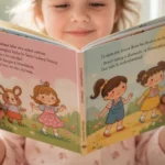 Dłonie małego dziecka trzymające otwartą, kolorową książkę z ilustracjami, w ciepłym, naturalnym świetle okna