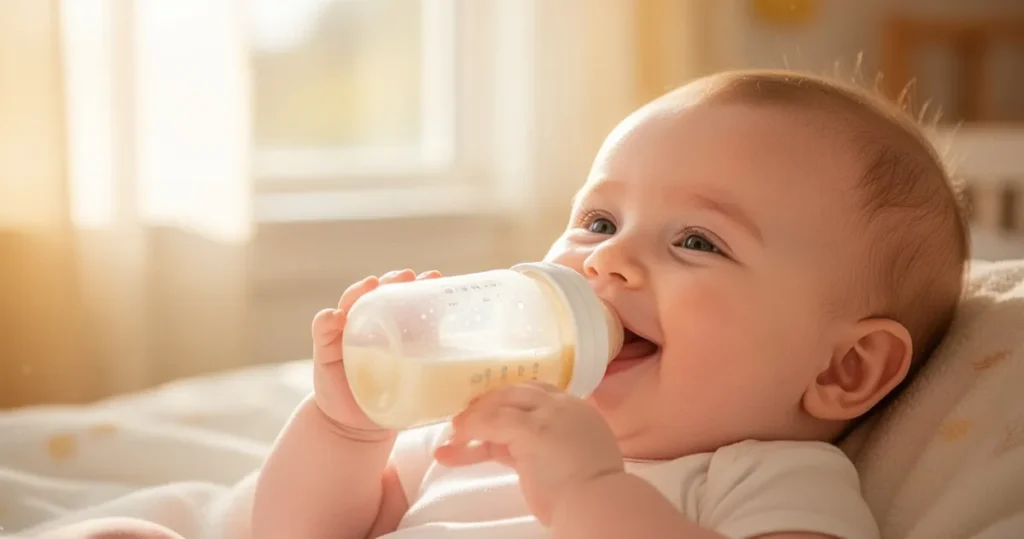 Uśmiechnięte niemowlę pijące z butelki w słonecznym pokoju, ciepłe delikatne światło naturalne