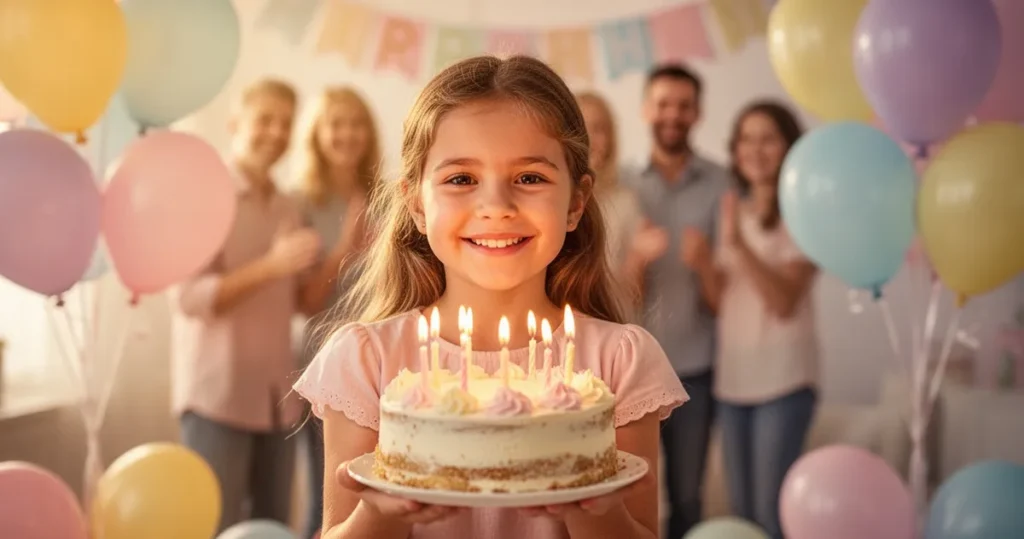 Uśmiechnięta dziewczynka trzymająca tort urodzinowy ze świeczkami, otoczona kolorowymi balonami w ciepłym złotym świetle