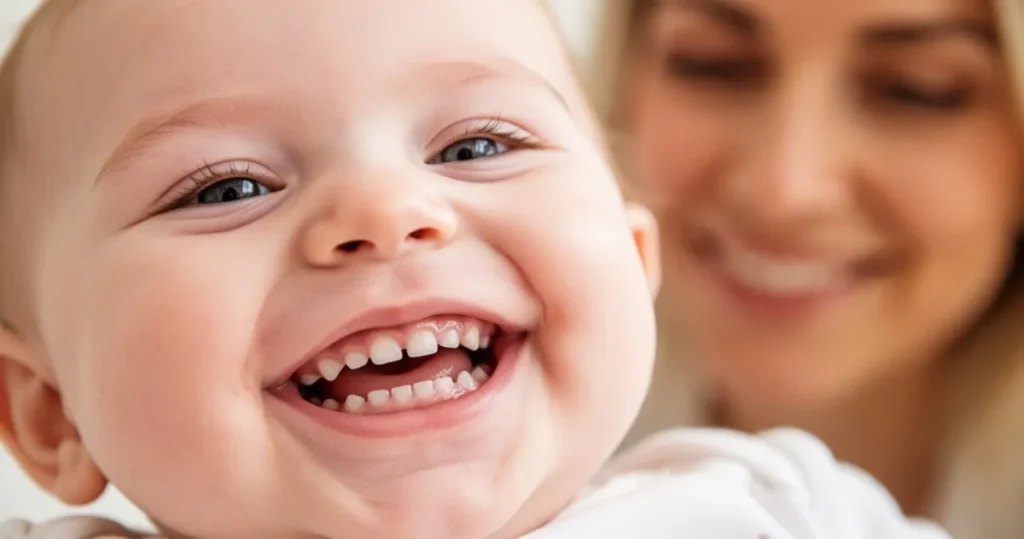 Uśmiechnięte niemowlę z pierwszymi ząbkami wyrastającymi z dziąseł, w tle niewyraźna twarz matki