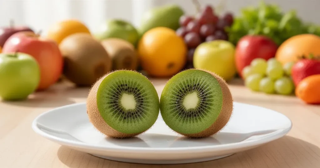 Przekrojone kiwi na białym talerzu, w tle rozmyte owoce i warzywa