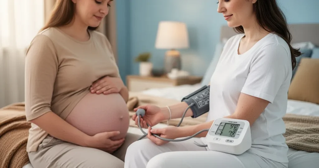 Ciężarna kobieta mierząca ciśnienie krwi cyfrowym ciśnieniomierzem w spokojnej, przytulnej sypialni.