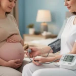 Ciężarna kobieta mierząca ciśnienie krwi cyfrowym ciśnieniomierzem w spokojnej, przytulnej sypialni.