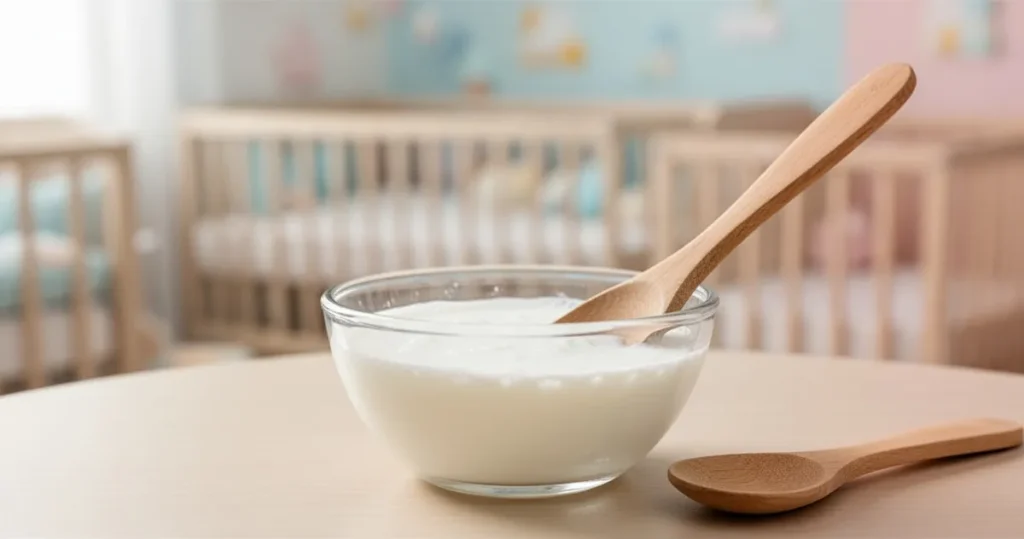 Mała szklana miska z białym kefrem i drewniana łyżeczka w jasnym, pastelowym pokoju niemowlęcia