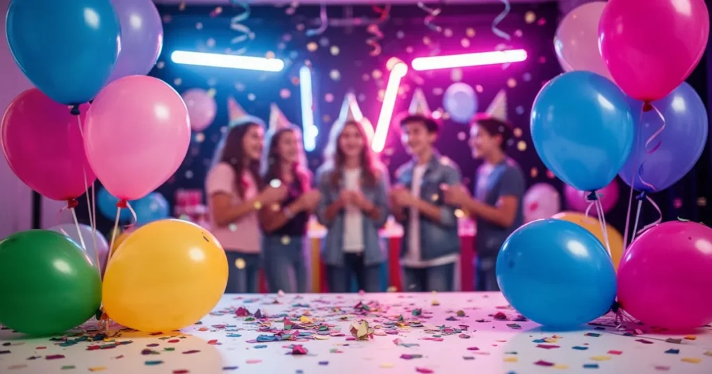 Kolorowe balony i konfetti na tle imprezy z neonowym oświetleniem w odcieniach niebieskiego, różu i fioletu
