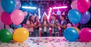 Kolorowe balony i konfetti na tle imprezy z neonowym oświetleniem w odcieniach niebieskiego, różu i fioletu