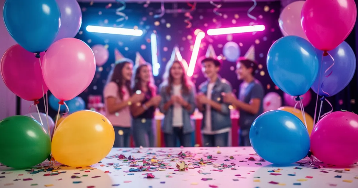 Kolorowe balony i konfetti na tle imprezy z neonowym oświetleniem w odcieniach niebieskiego, różu i fioletu