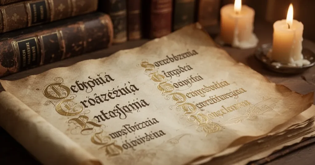 Stara pergamina z polskimi imionami napisanymi gotycką kaligrafią, otoczona historycznymi księgami i świecami w tonach sepii