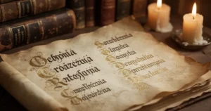 Stara pergamina z polskimi imionami napisanymi gotycką kaligrafią, otoczona historycznymi księgami i świecami w tonach sepii
