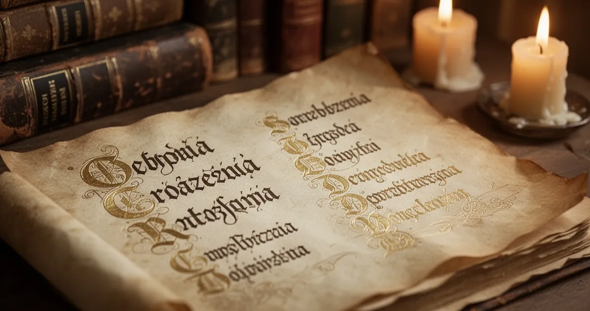 Stara pergamina z polskimi imionami napisanymi gotycką kaligrafią, otoczona historycznymi księgami i świecami w tonach sepii