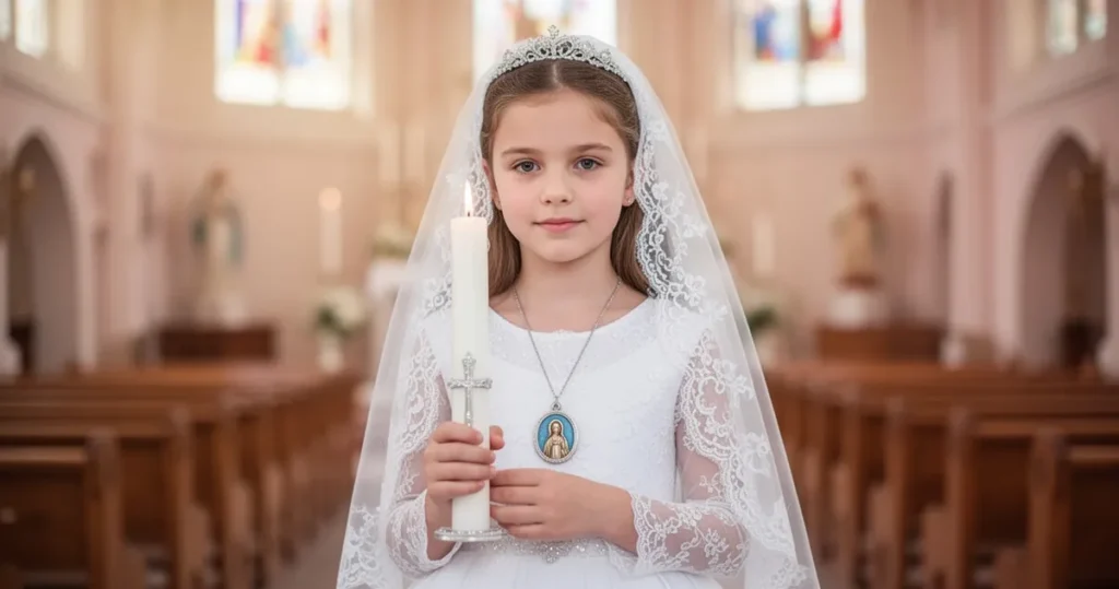 Dziewczyna w białej sukni bierzmowania z koronką i welonkiem trzymająca świecę i medalik religijny w wnętrzu kościoła.