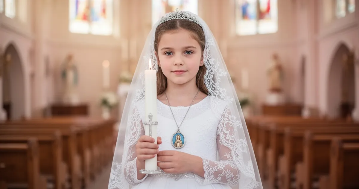 Dziewczyna w białej sukni bierzmowania z koronką i welonkiem trzymająca świecę i medalik religijny w wnętrzu kościoła.