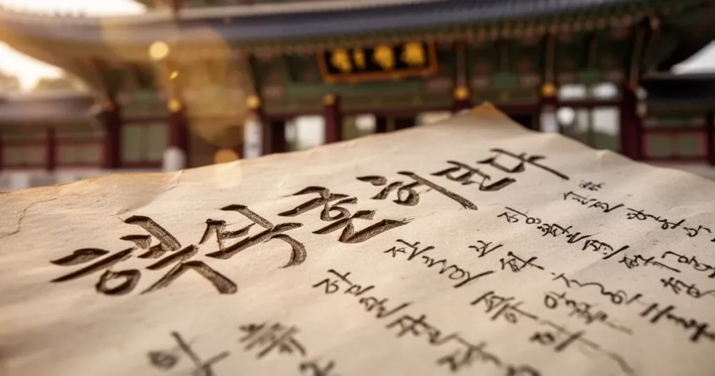 Tradycyjne koreańskie znaki Hangul napisane eleganckią kaligrafią na starym papierze z miękkim oświetleniem i rozmytym tłem a