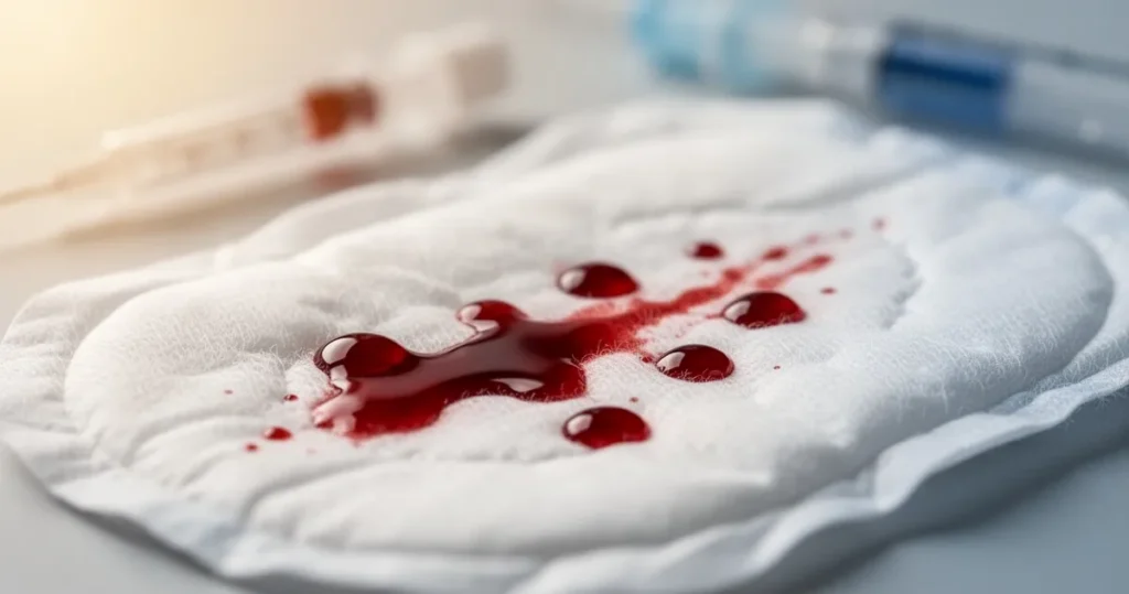 Zbliżenie makrofotograficzne czerwonych kropli krwi menstruacyjnej na białej wkładce bawełnianej, oświetlenie naturalne, tło
