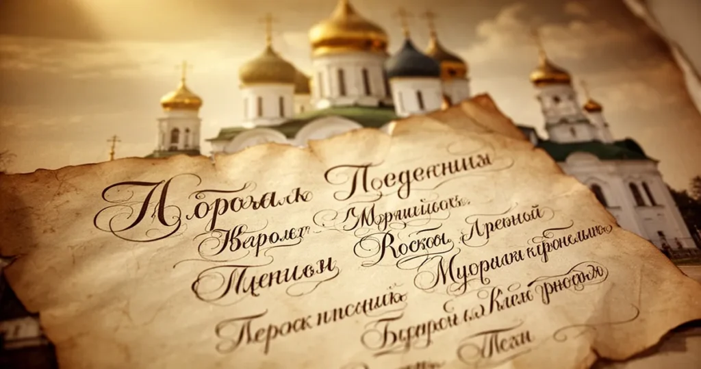 Cyrillic letters and Russian names written in elegant calligraphy on aged parchment, blurred Orthodox church architecture in