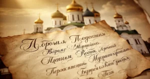 Cyrillic letters and Russian names written in elegant calligraphy on aged parchment, blurred Orthodox church architecture in