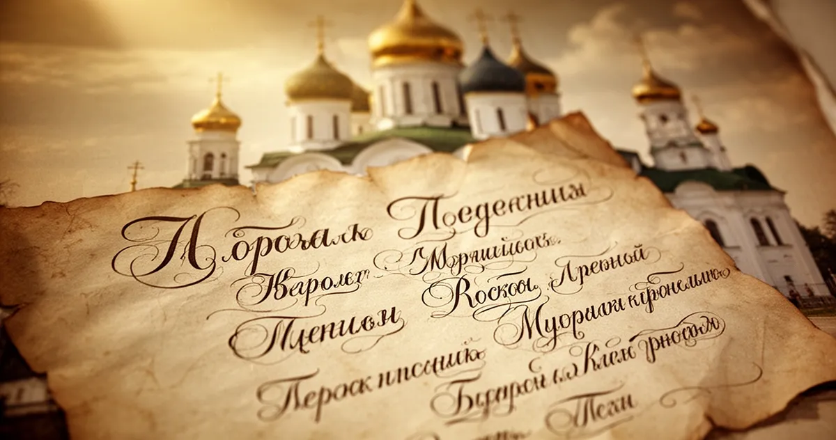 Cyrillic letters and Russian names written in elegant calligraphy on aged parchment, blurred Orthodox church architecture in