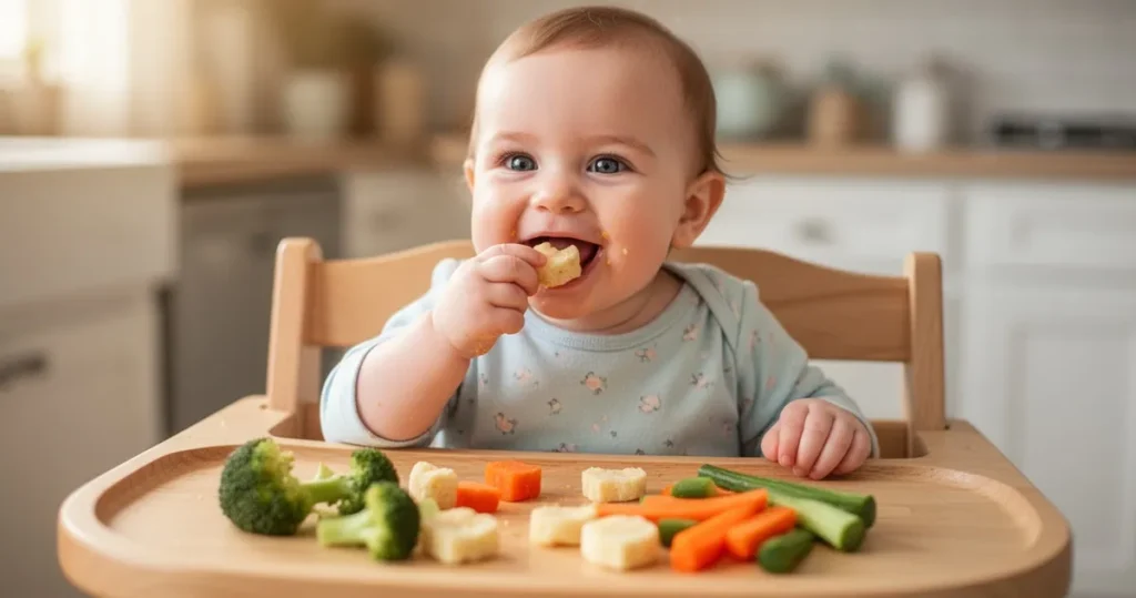 Uśmiechnięte dziecko jedzące miękkie warzywa i finger foods na drewnianym stoliku, naturalne światło poranku, ciepła paleta k