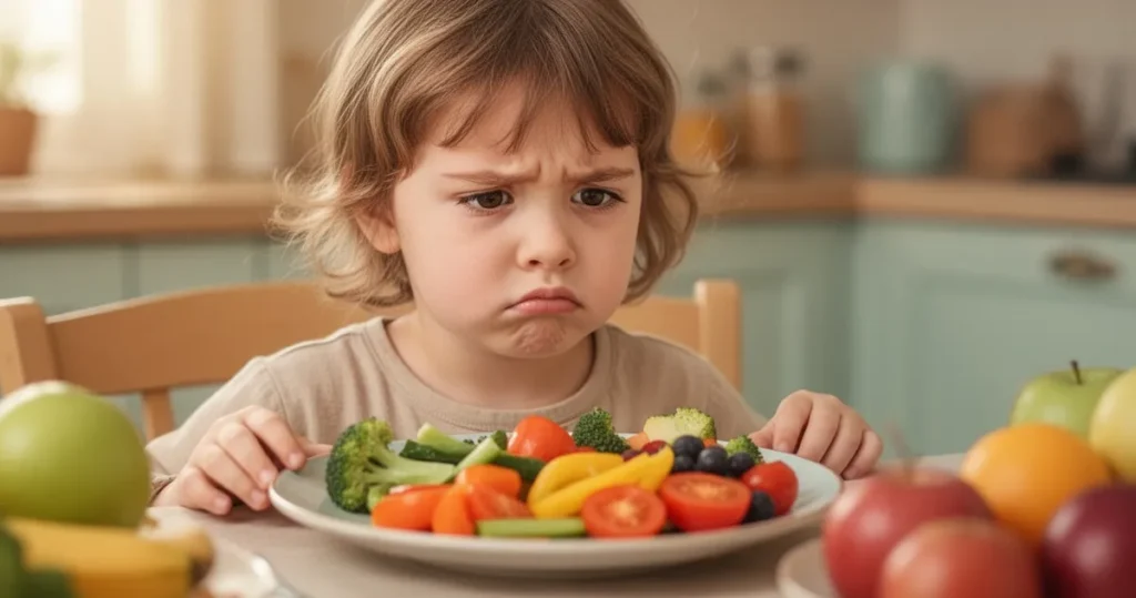 Małe dziecko przy stole patrzy sceptycznie na talerz z kolorowymi warzywami i owocami w ciepłym naturalnym świetle.