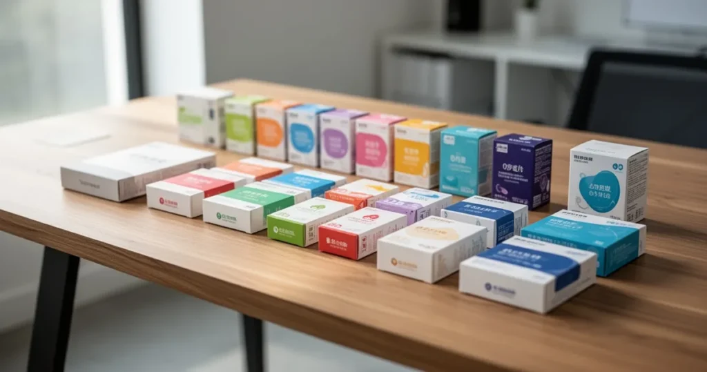 Drewniany biurko z ułożonymi w rzędy kolorowymi pudełkami i produktami w naturalnym świetle, minimalistyczne biuro