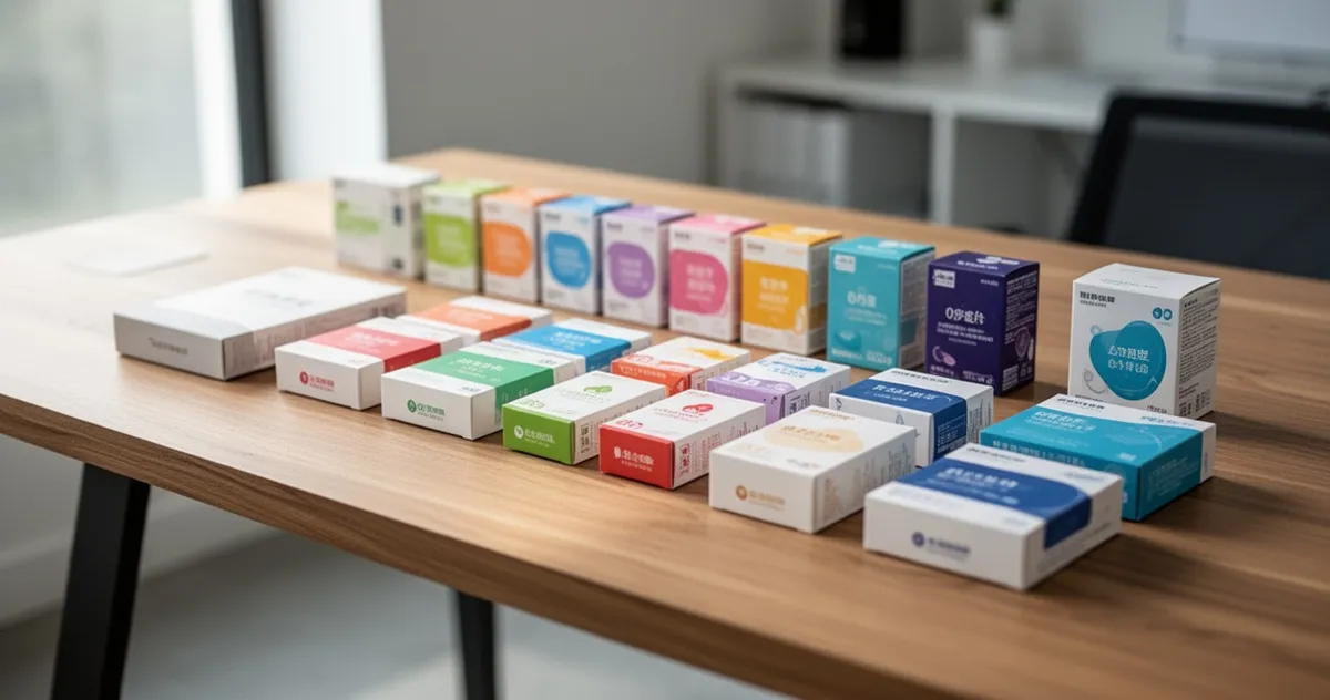Drewniany biurko z ułożonymi w rzędy kolorowymi pudełkami i produktami w naturalnym świetle, minimalistyczne biuro