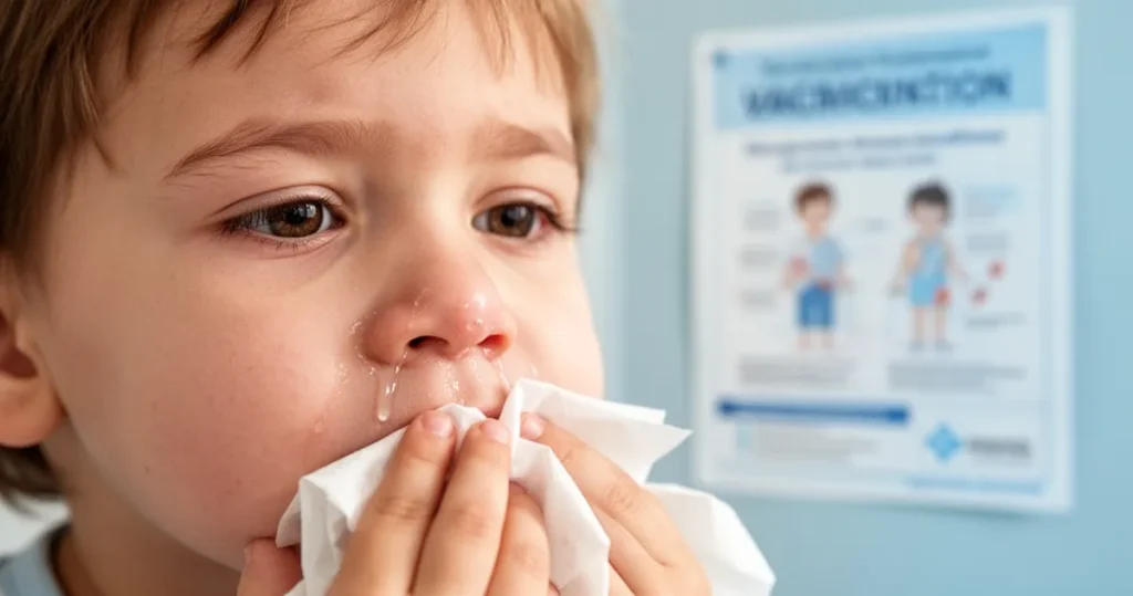 Małe dziecko z wyciekiem z nosa trzymające tkankę, w tle rozmazane wnętrze kliniki medycznej z plakatem szczepień