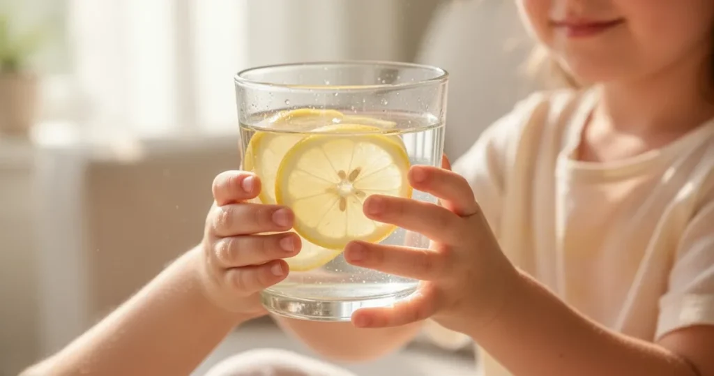 Dziecięce ręce trzymające szklankę czystej wody z cytryną w słonecznym, przytulnym domowym otoczeniu