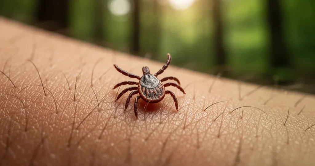 Kleszcz na skórze człowieka, zbliżenie makro z naturalnym oświetleniem i rozmytym tłem lasu
