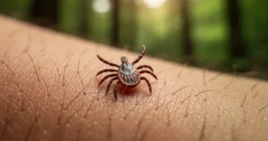 Kleszcz na skórze człowieka, zbliżenie makro z naturalnym oświetleniem i rozmytym tłem lasu