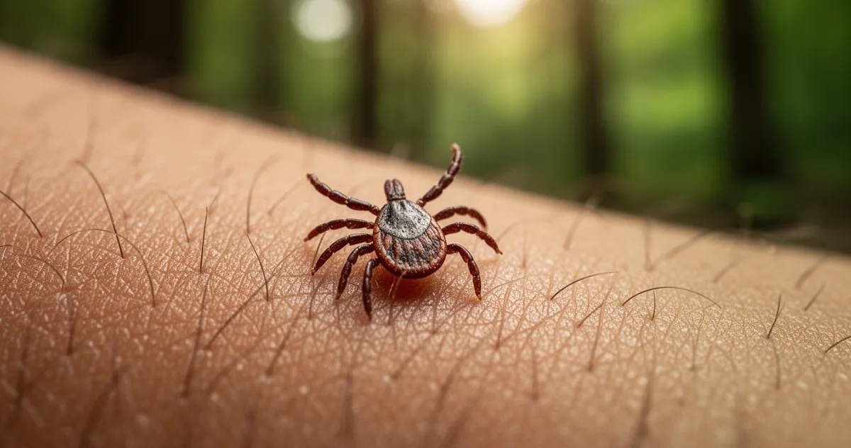 Kleszcz na skórze człowieka, zbliżenie makro z naturalnym oświetleniem i rozmytym tłem lasu