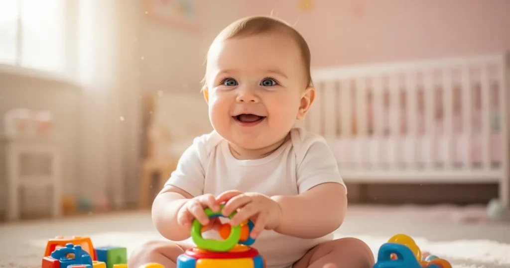 Uśmiechnięte 8-miesięczne dziecko siedzące i bawiące się kolorowymi zabawkami w jasnym pokoju dziecinnym.