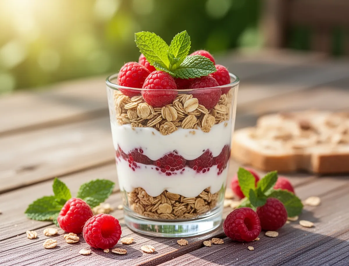 Jogurt warstwowy z malinami i granolą