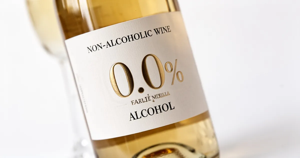 Etykieta butelki wina bezalkoholowego z oznaczeniem 0,0% alkoholu