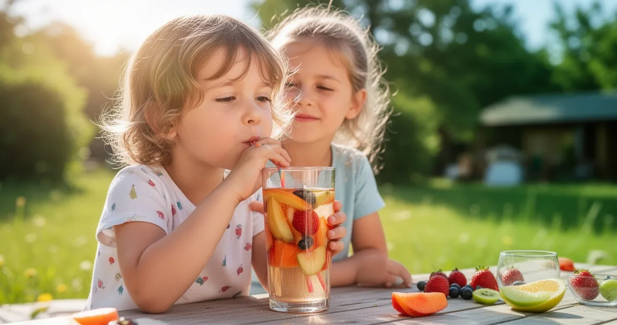 Dziecko pije napar owocowy w letni dzień
