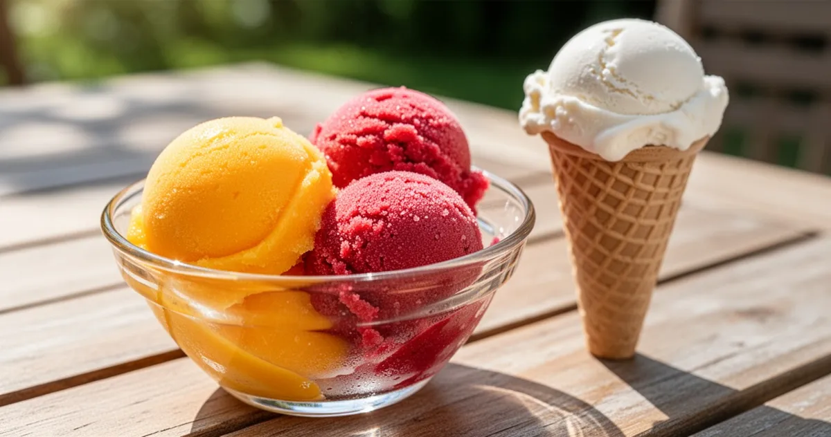 Sorbet owocowy obok rożka z lodami waniliowymi