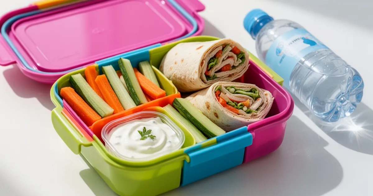 Kolorowy lunchbox ze świeżymi warzywami, dipem jogurtowym i wodą