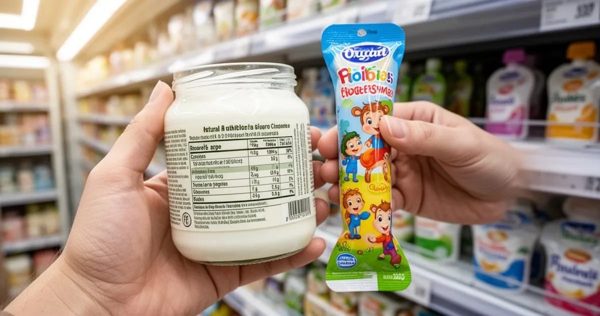 Dłoń rodzica porównująca etykiety jogurtu naturalnego i kolorowego jogurtu dla dzieci