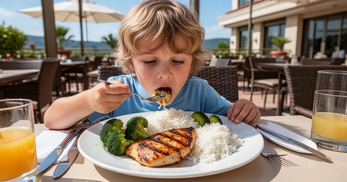 Dziecko jedzące zdrowy posiłek w hotelowej restauracji