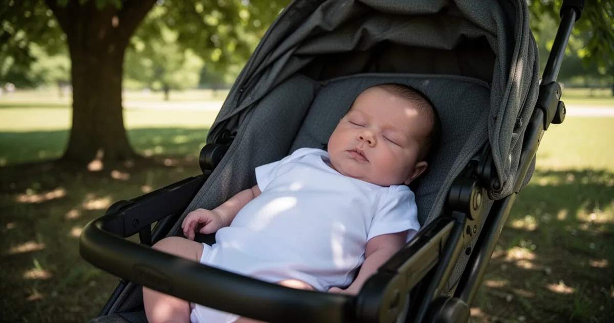 Noworodek ubrany w lekkie body z krótkim rękawem, leżący w wózku w cieniu