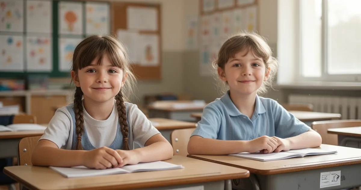 Dzieci w różnym wieku w sali szkolnej