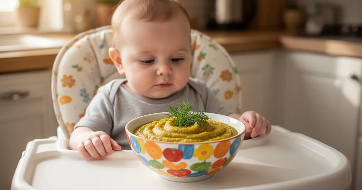 Niemowlę przy stoliku z miską puree warzywnego z koperkiem