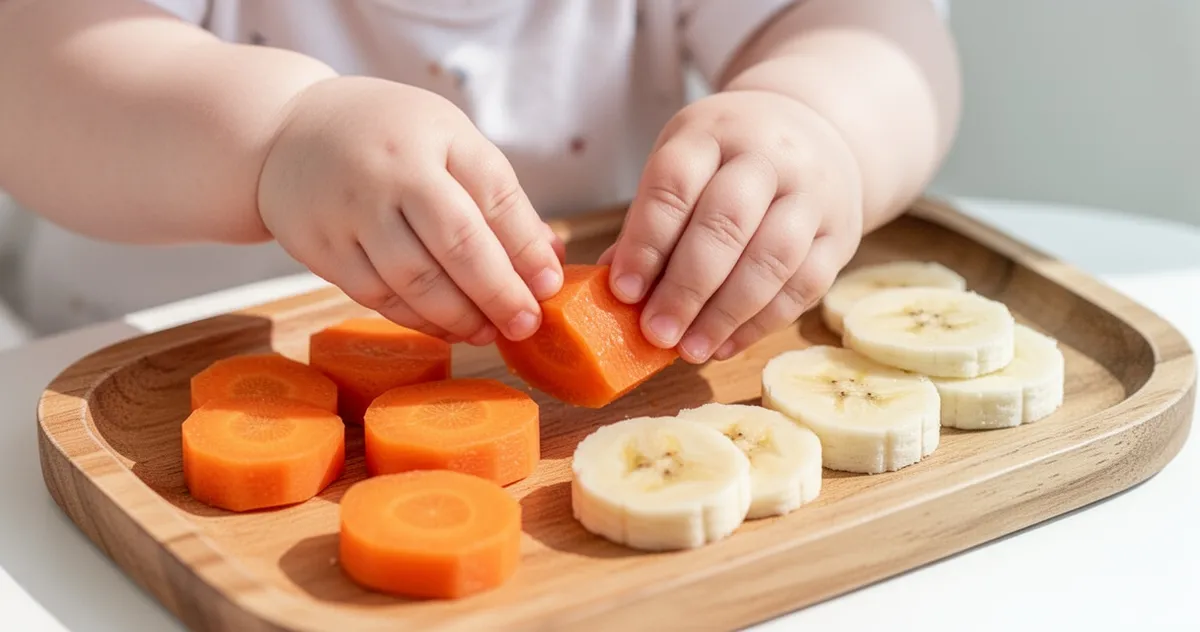 Niemowlę chwytające miękkie kawałki warzyw i banana jako finger food
