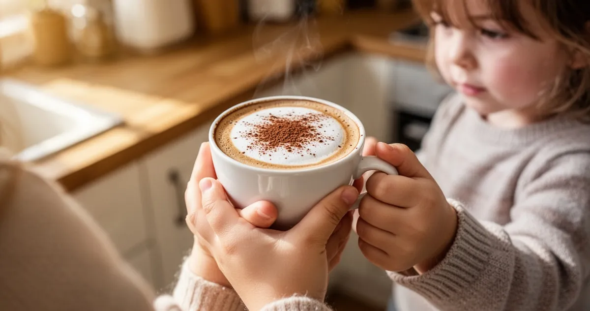 Dziecko trzymające filiżankę babyccino z pianką mleczną