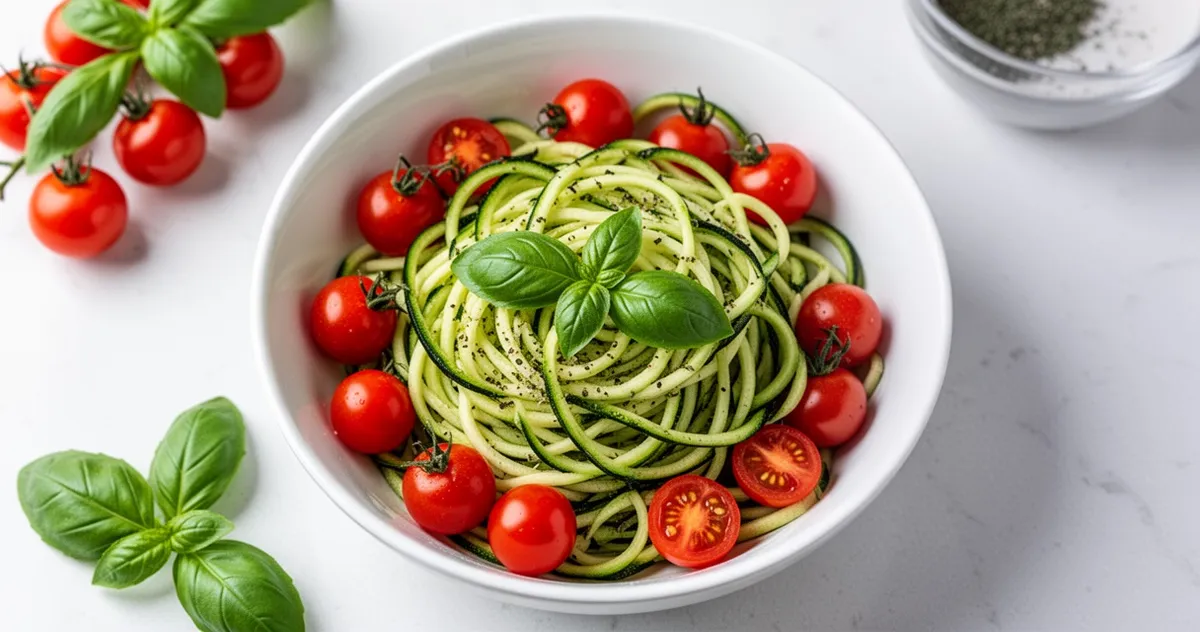 Makaron z cukinii zoodles w misce z pomidorkami i bazylią