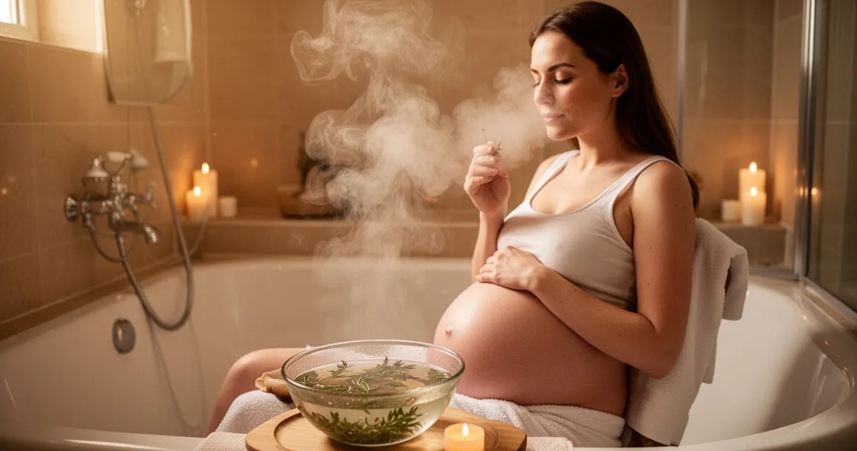 Kobieta w ciąży wykonująca inhalację z rumianku