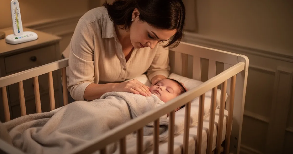 Mama sprawdzająca temperaturę śpiącego niemowlęcia