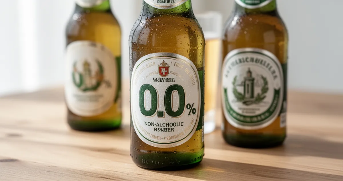 Butelki piwa bezalkoholowego z etykietą 0,0% alkoholu