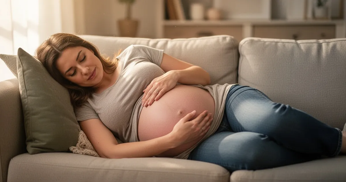 Kobieta w ciąży leżąca na lewym boku z dłonią na brzuchu